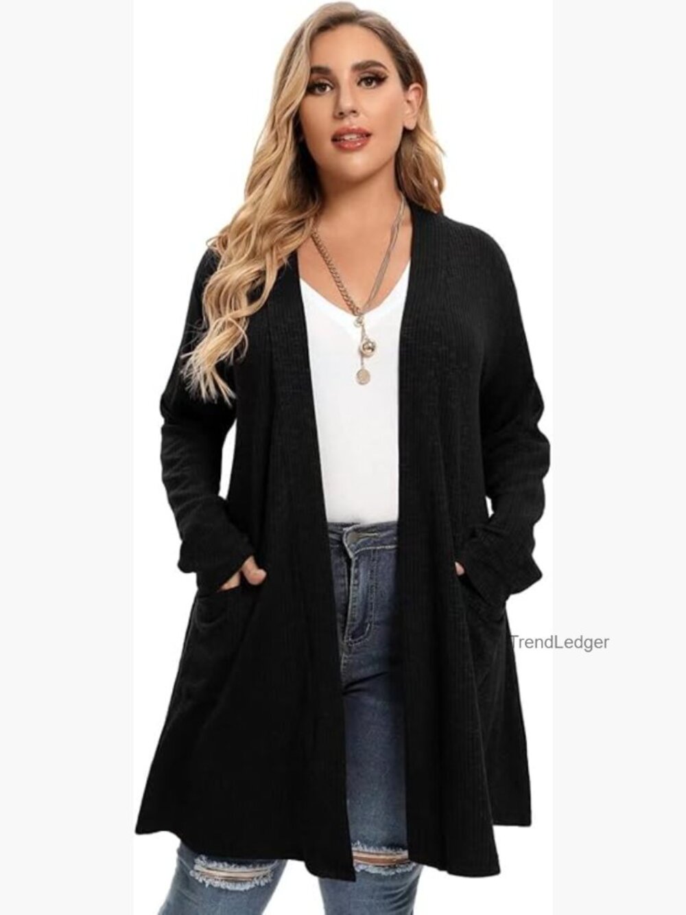 Plus Size Open Front Knit Cardigan Sweater with Pockets Long Sleeve Lightweight